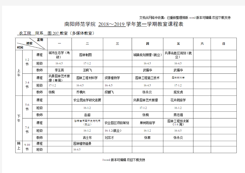 南阳师范学院2020~2020学年第一学期教室课程表