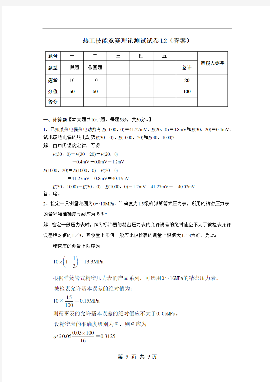 热工技能竞赛理论测试试卷L2 - 答案解析