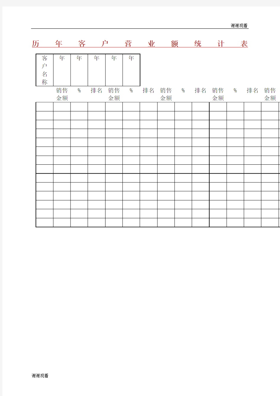 历年客户营业额统计表表格模板.docx