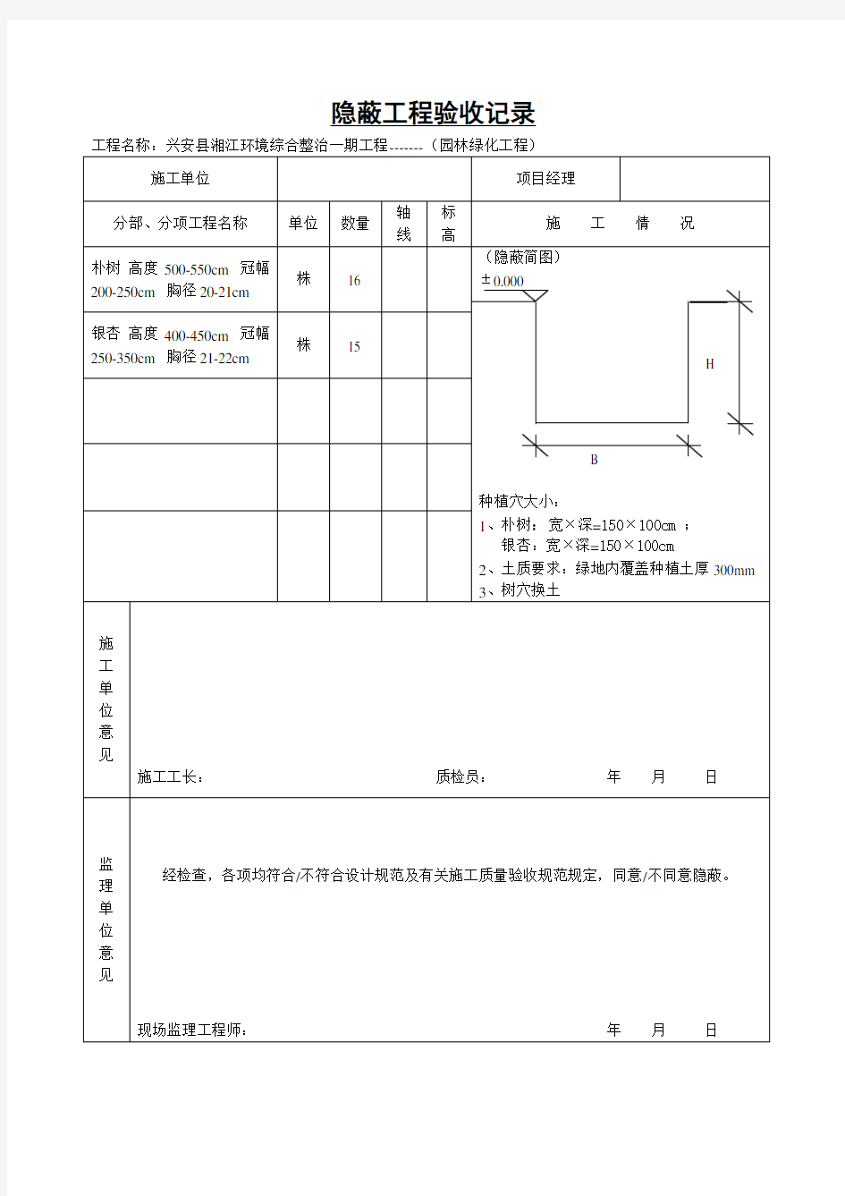 绿化树穴隐蔽工程验收记录