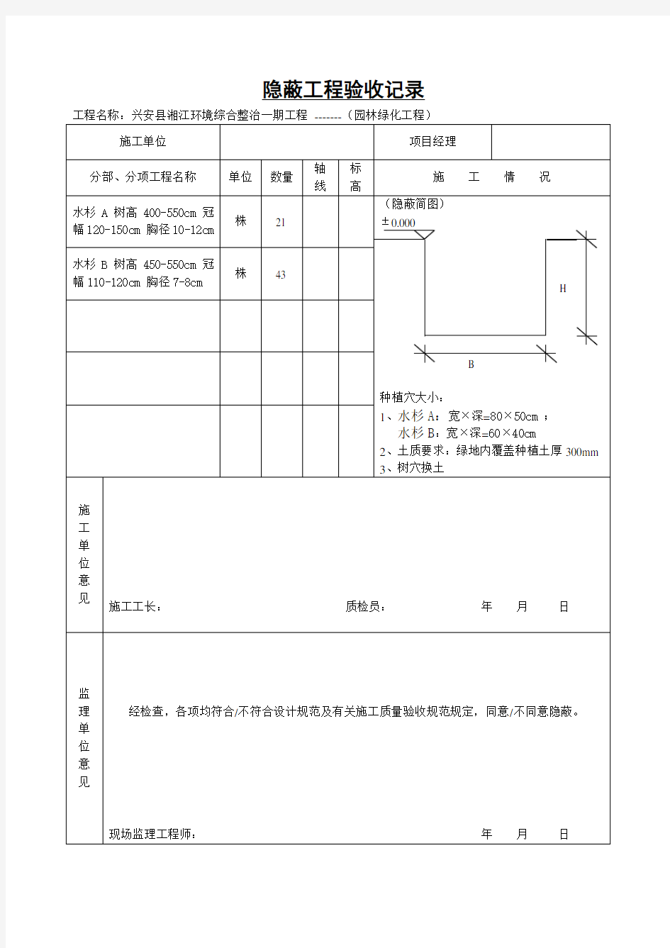 绿化树穴隐蔽工程验收记录