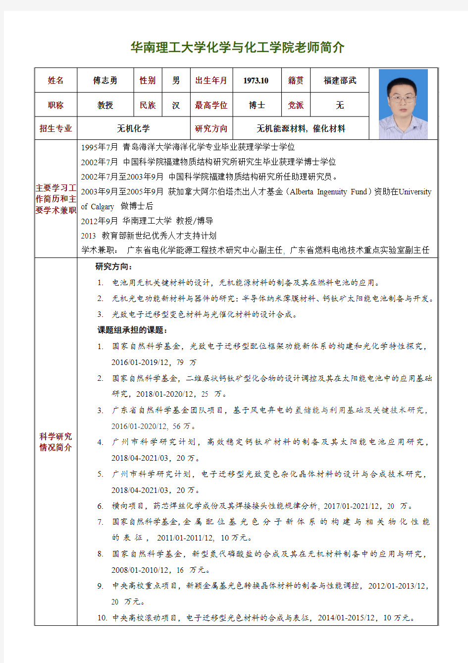 华南理工大学化学与化工学院老师简介