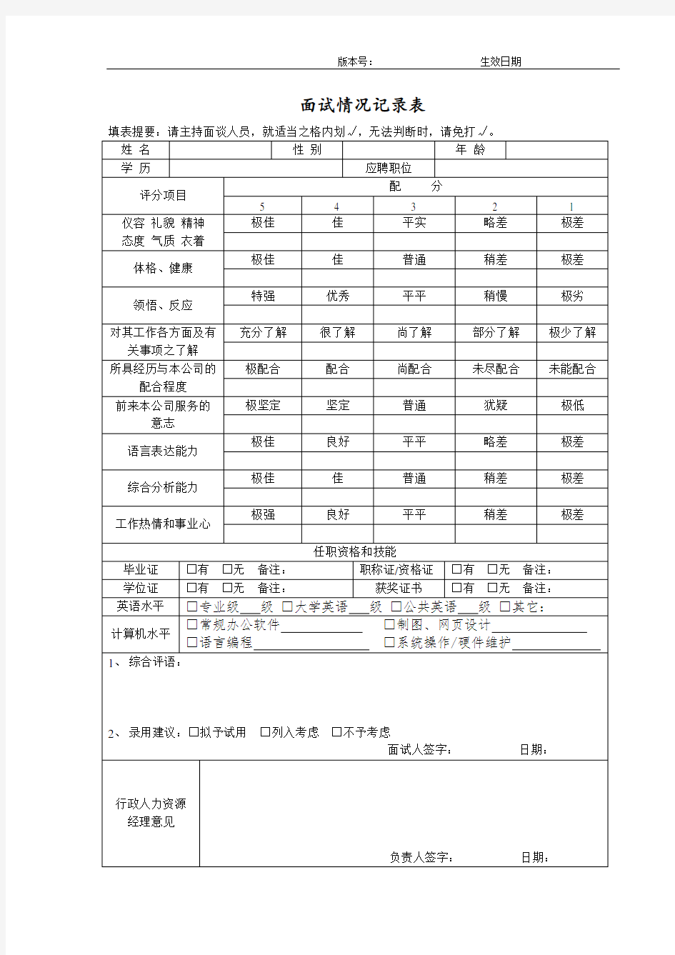 面试情况记录表