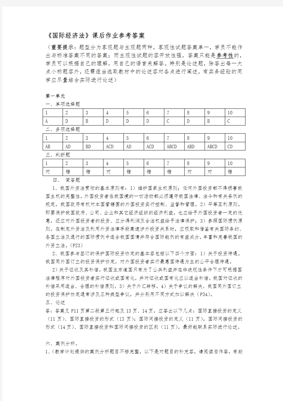 国际经济法课后参考答案