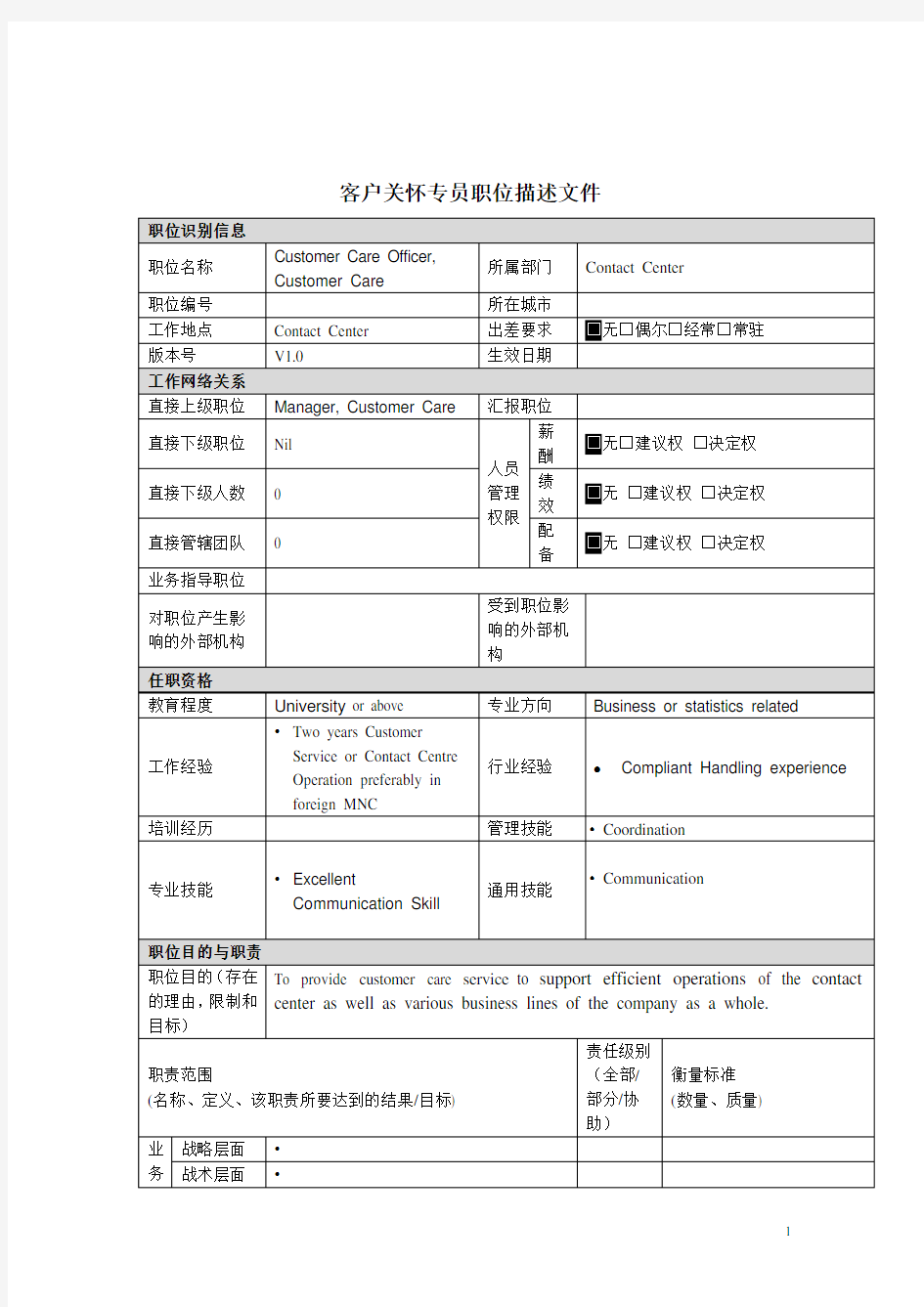 客户关怀专员岗位职责说明书