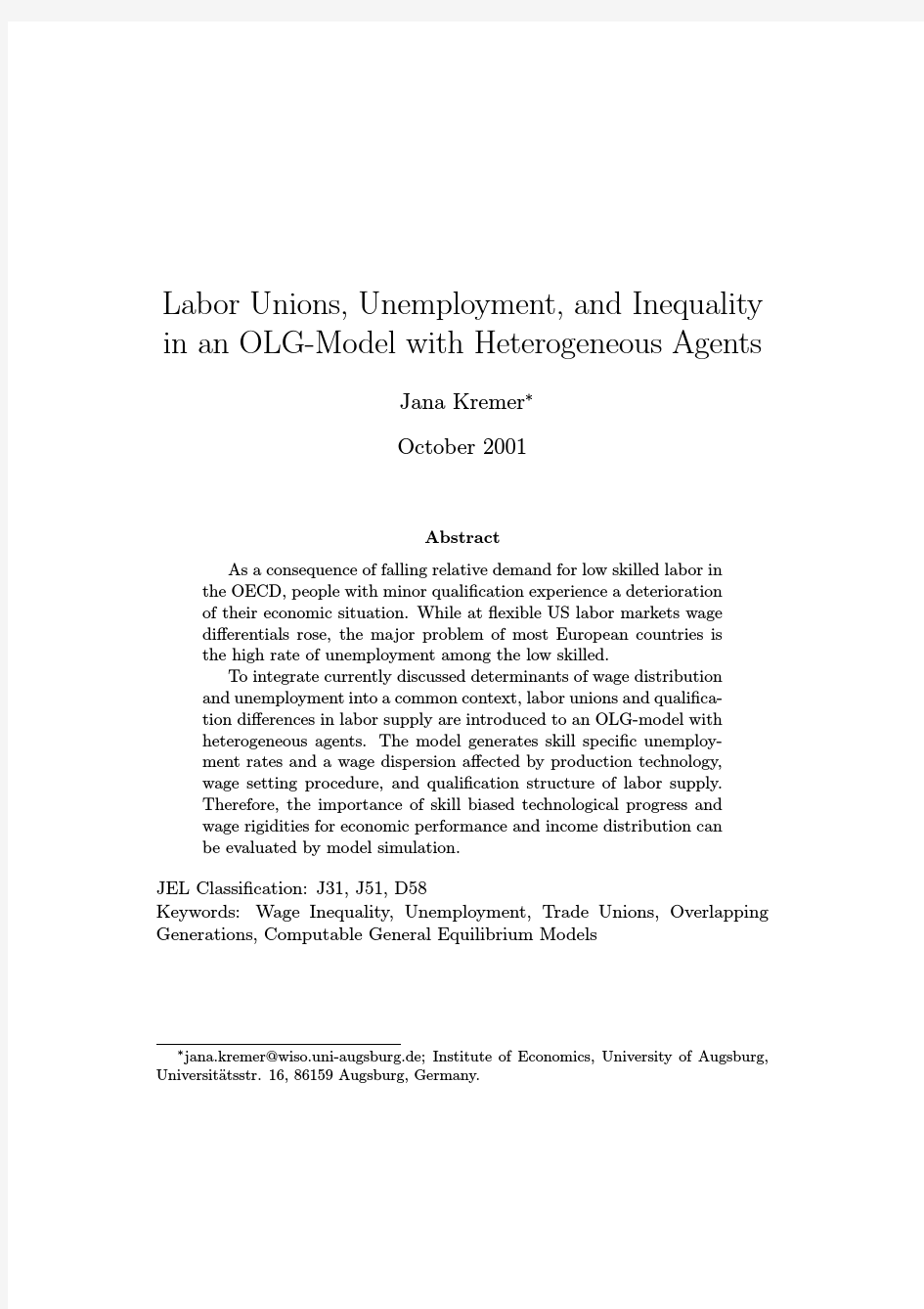 Labor Unions, Unemployment, and Inequality in an OLG-Model with Heterogeneous Agents
