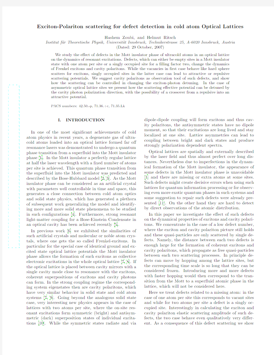 Exciton-Polariton scattering for defect detection in cold atom Optical Lattices