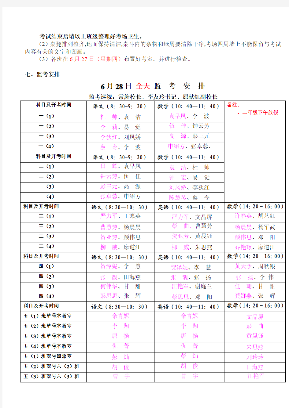 火星小学2013年期末教学质量调研考试方案