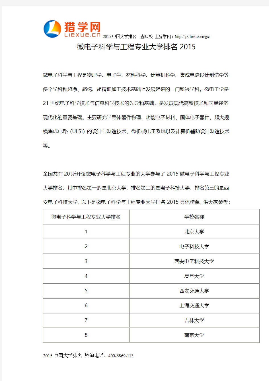 微电子科学与工程专业大学排名