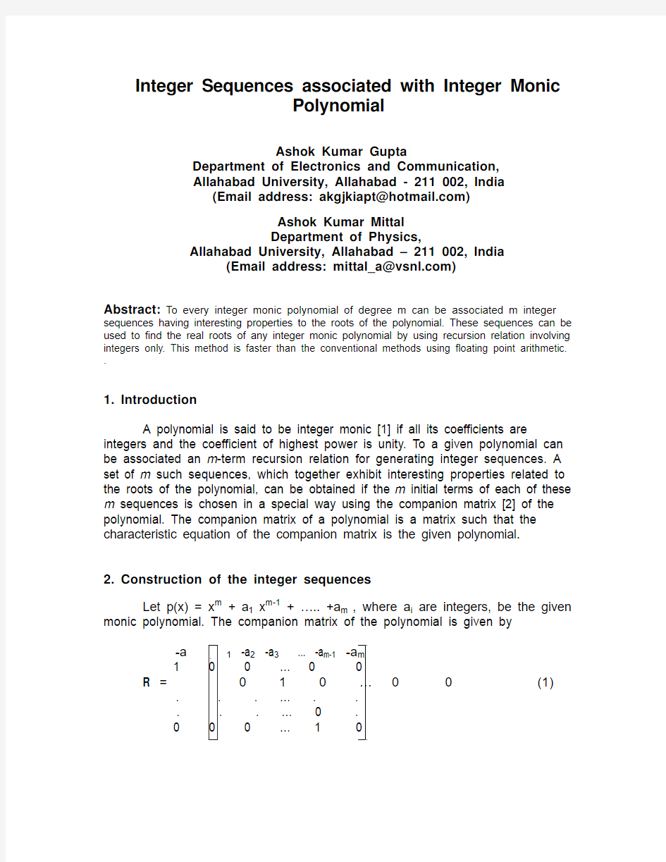 Integer Sequences associated with Integer Monic Polynomial