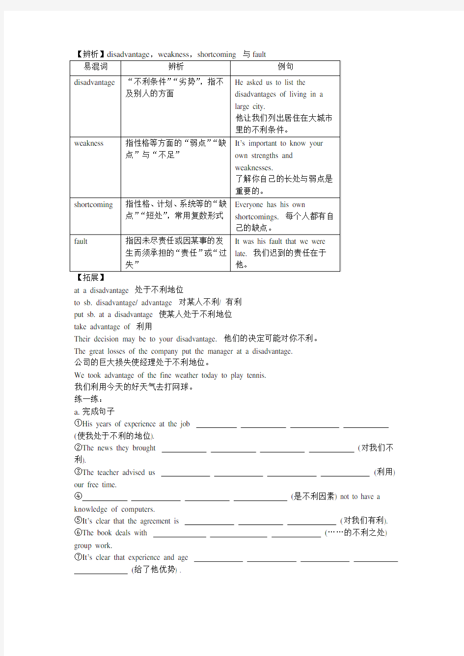 disadvantage,weakness,shortcoming 与fault 辨析