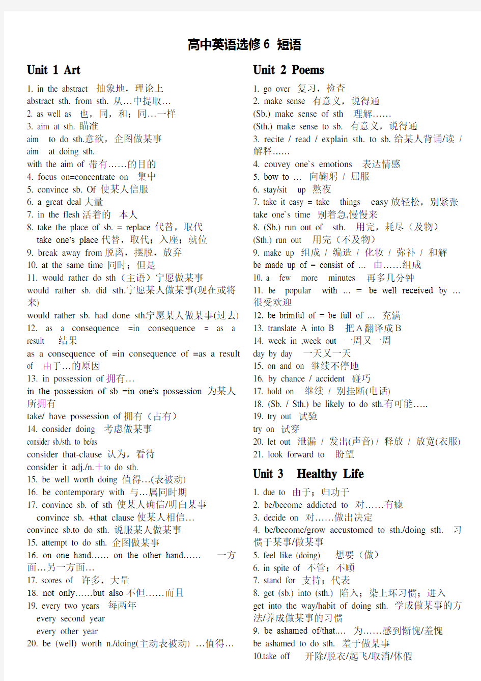 高中英语选修6词组总结