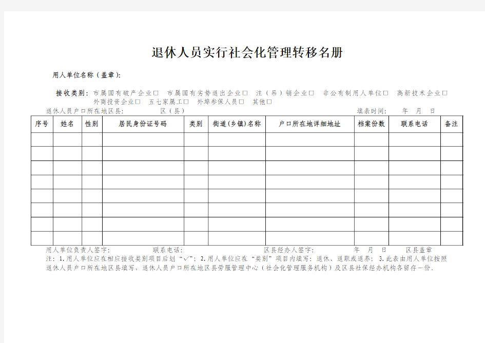 退休人员实行社会化管理转移名册