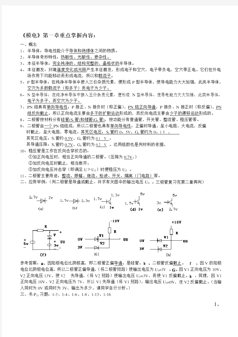 模电各章重点内容及总复习外加试题和答案