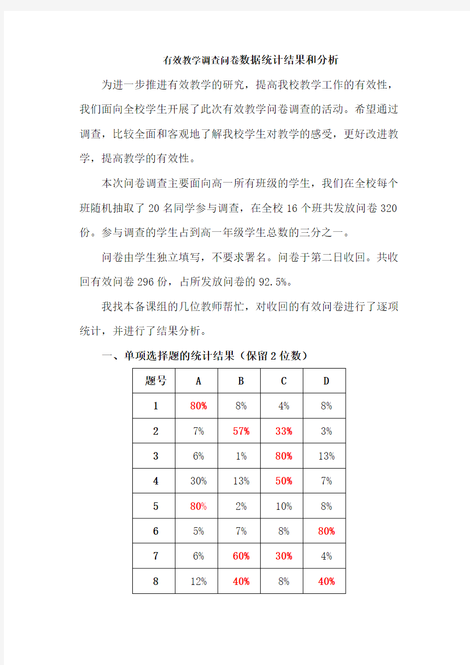 有效教学调查问卷数据统计结果和分析