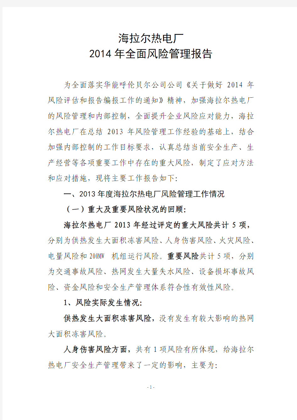 华能呼伦贝尔公司2013年风险报告