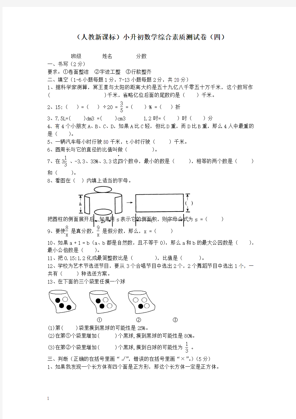 人教版六年级 数学小升初综合素质测试卷