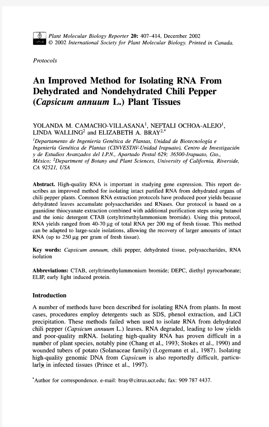 An improved method for isolating RNA from dehydrated and nondehydrated chili pepper plant tissues