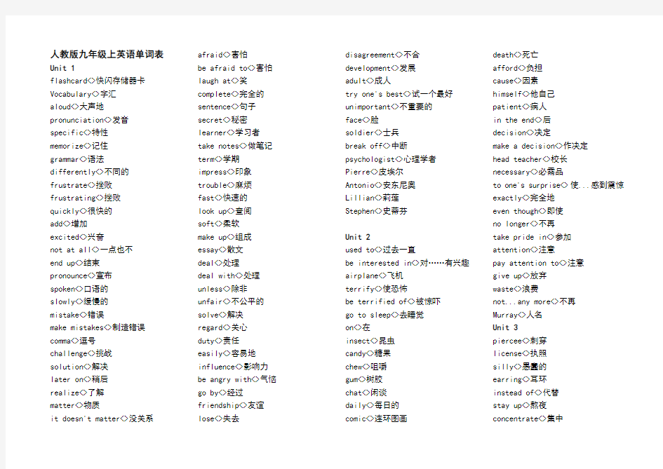 人教版九年级上英语单词表