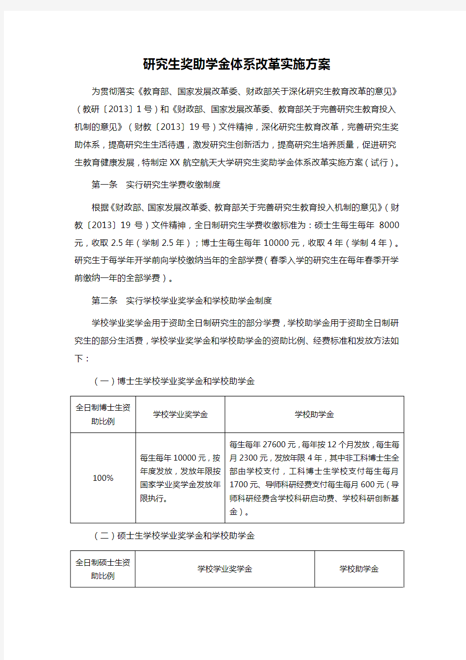 研究生奖助学金体系改革实施方案