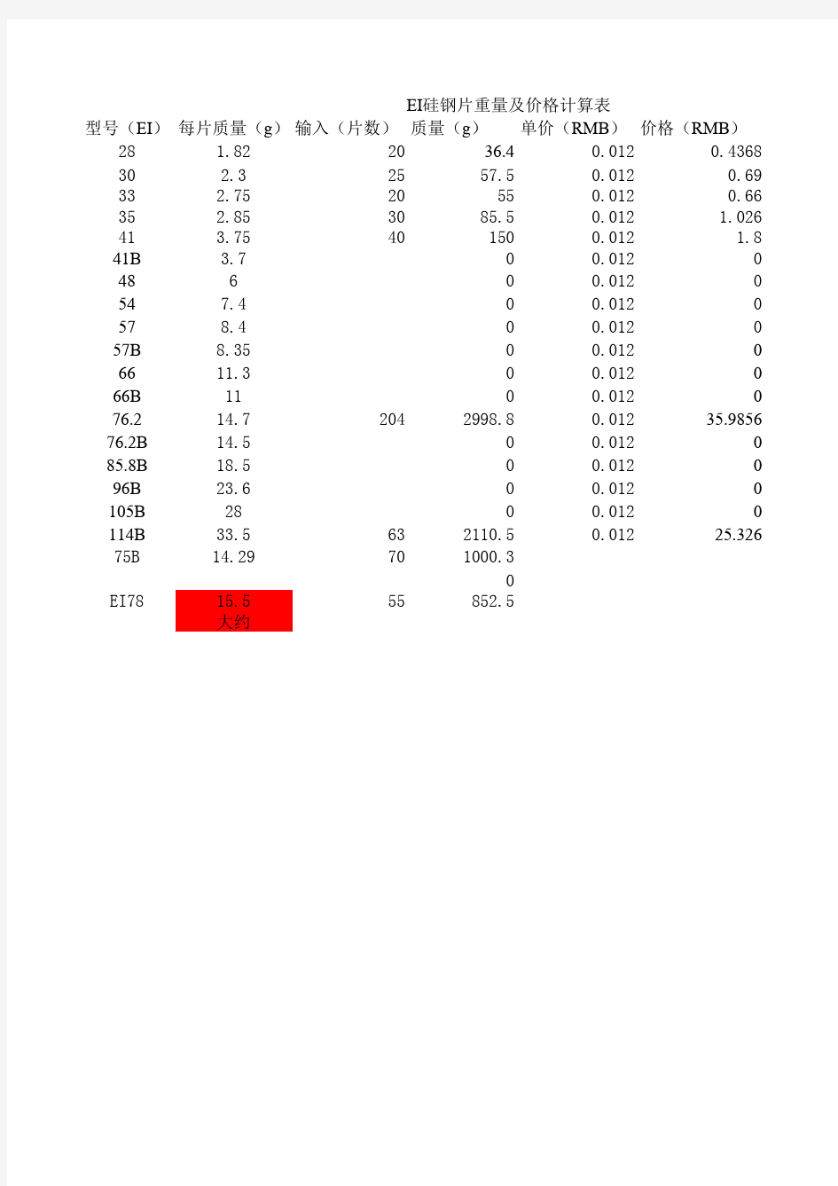 EI硅钢片重量及价格计算表