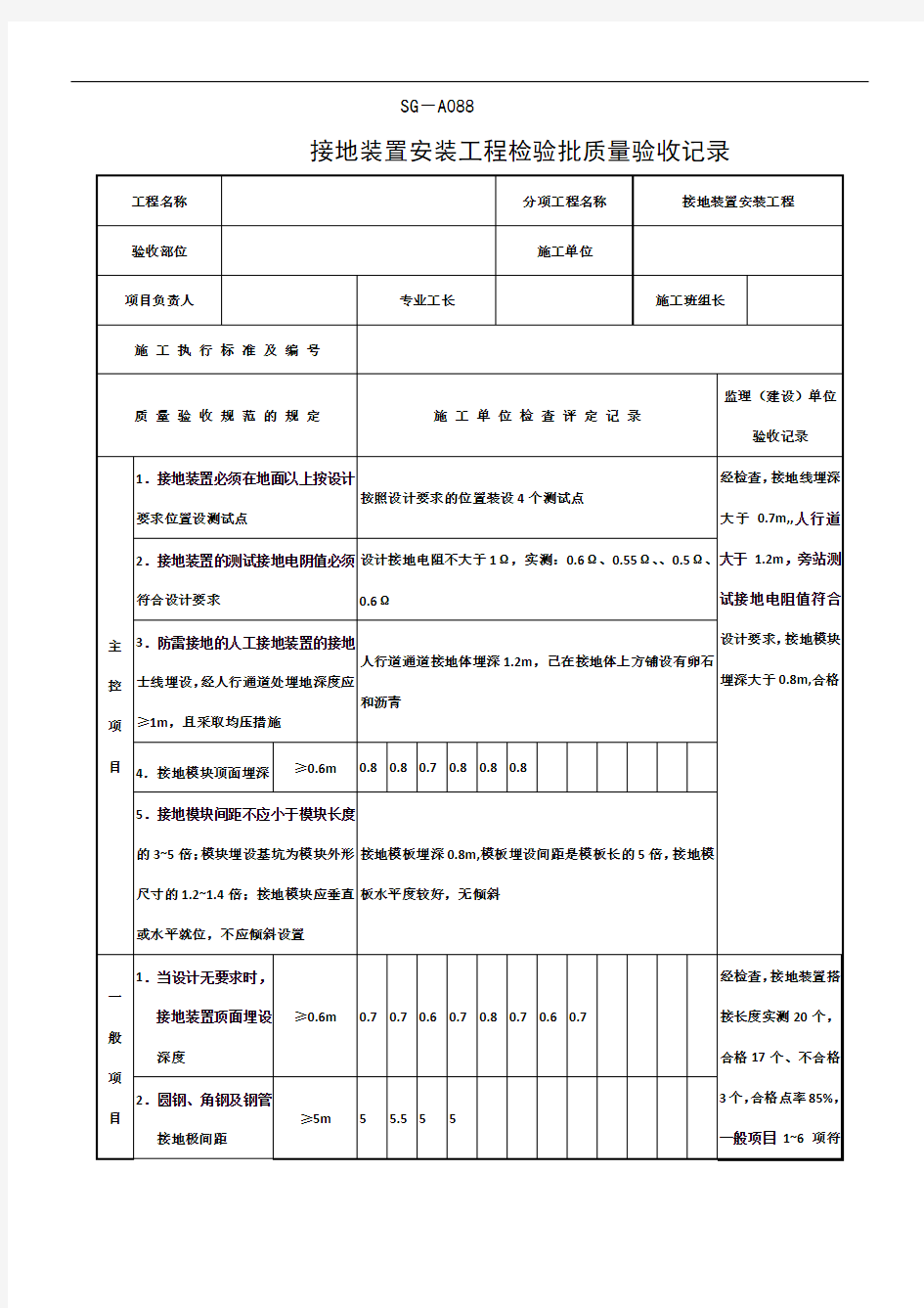 SG-A088接地装置安装工程检验批质量验收记录