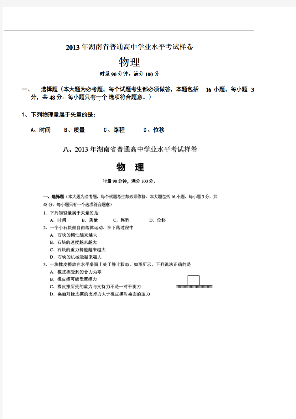 2013年湖南学业水平考试物理试卷及答案