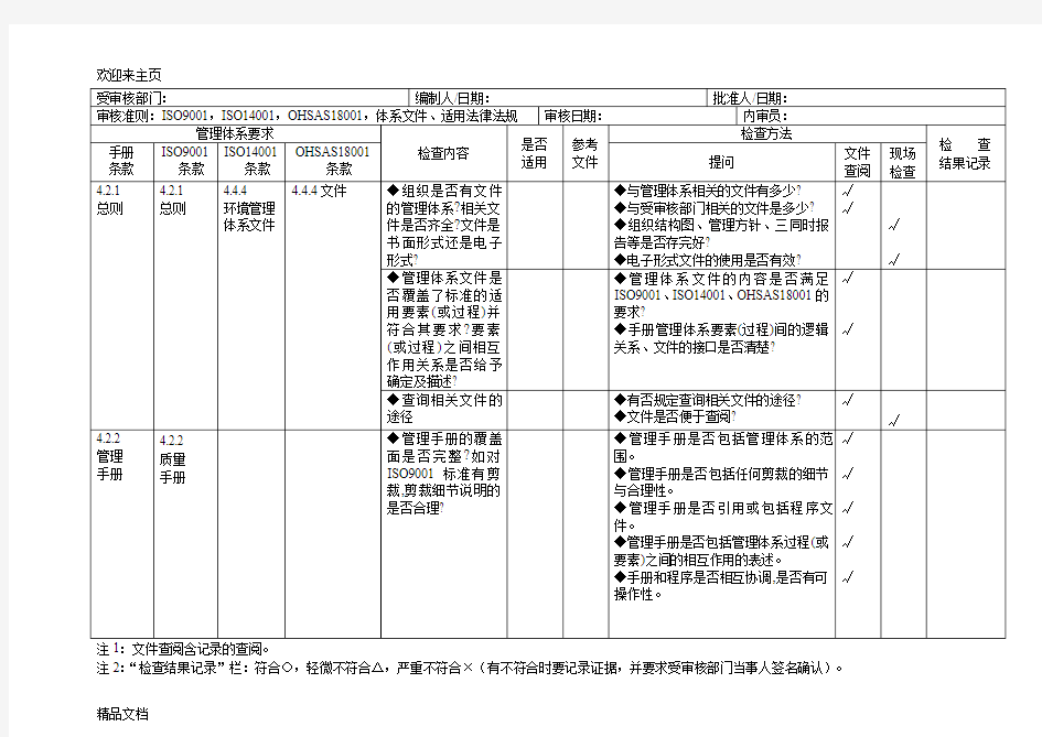 (2020年编辑)三体系内审检查表