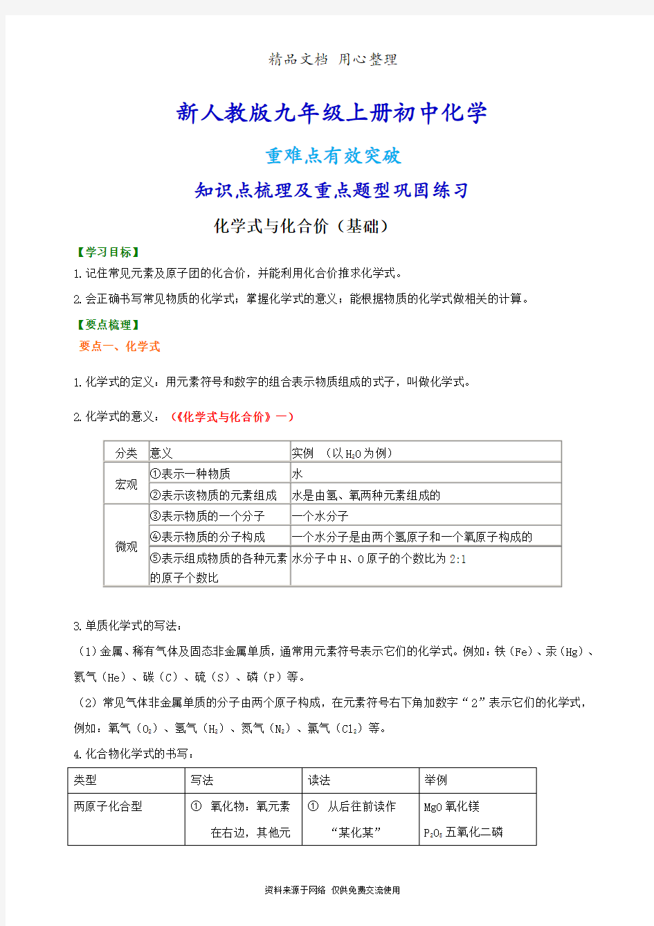 新人教版九年级上册化学[化学式与化合价(基础) 知识点整理及重点题型梳理]