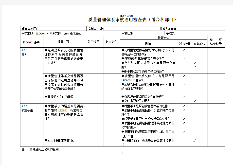 内审检查表全套(企业各部门通用)