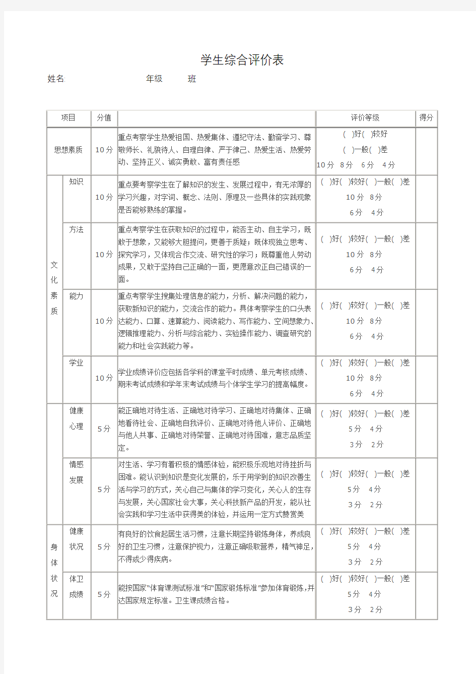 学生综合评价表