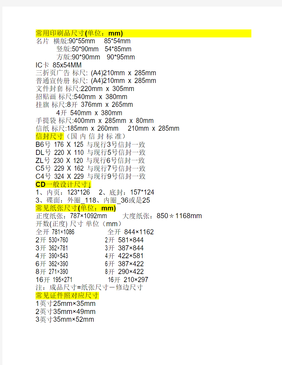 平面设计常用尺寸标准一览    表