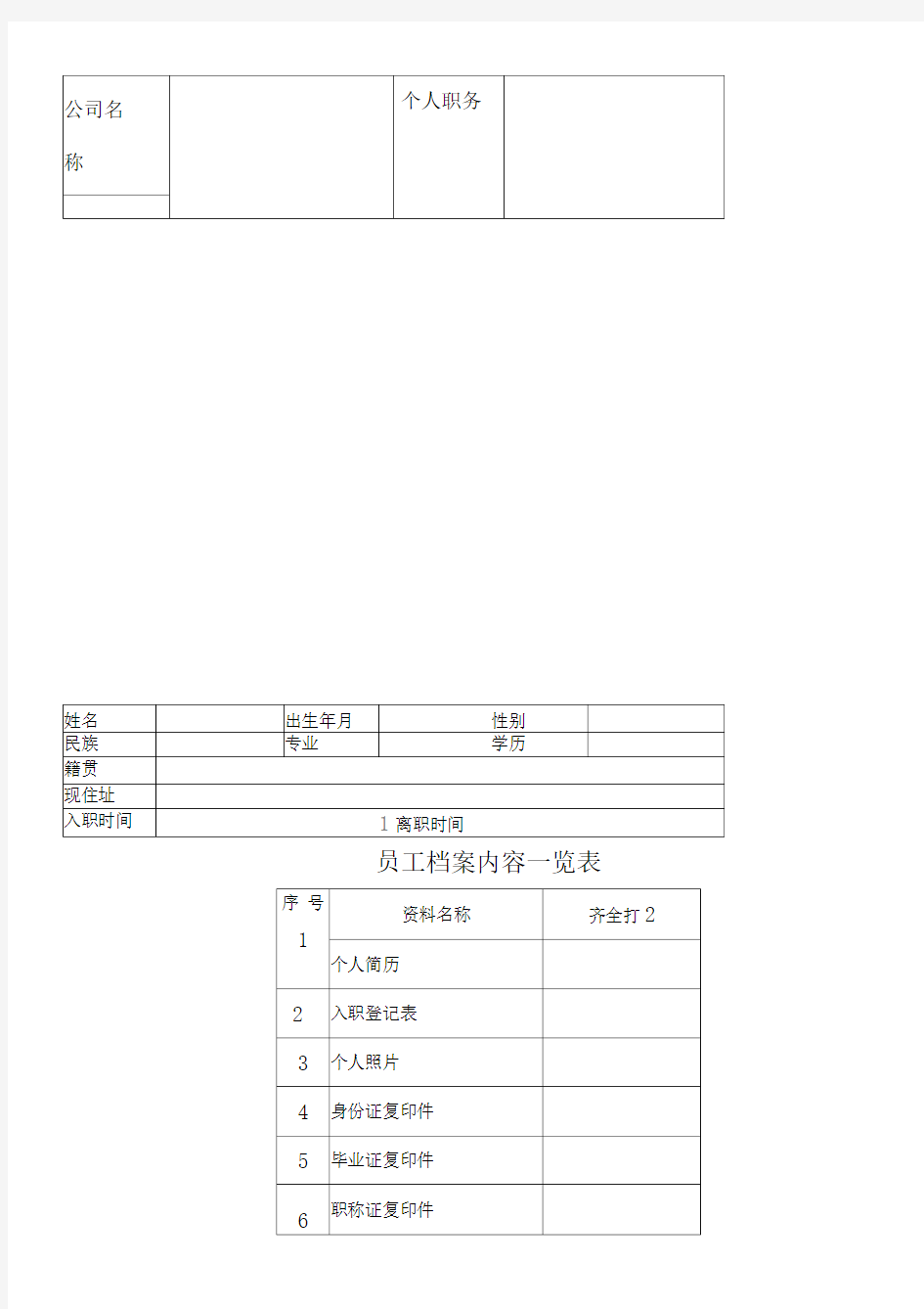 员工档案表优秀模版