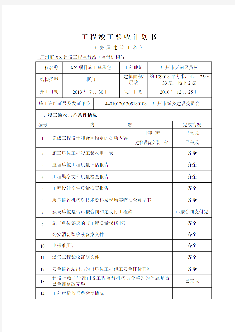 工程竣工验收计划书(广州地区2016年)