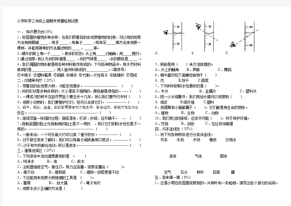 2019-2020年三年级科学上册期末测试卷