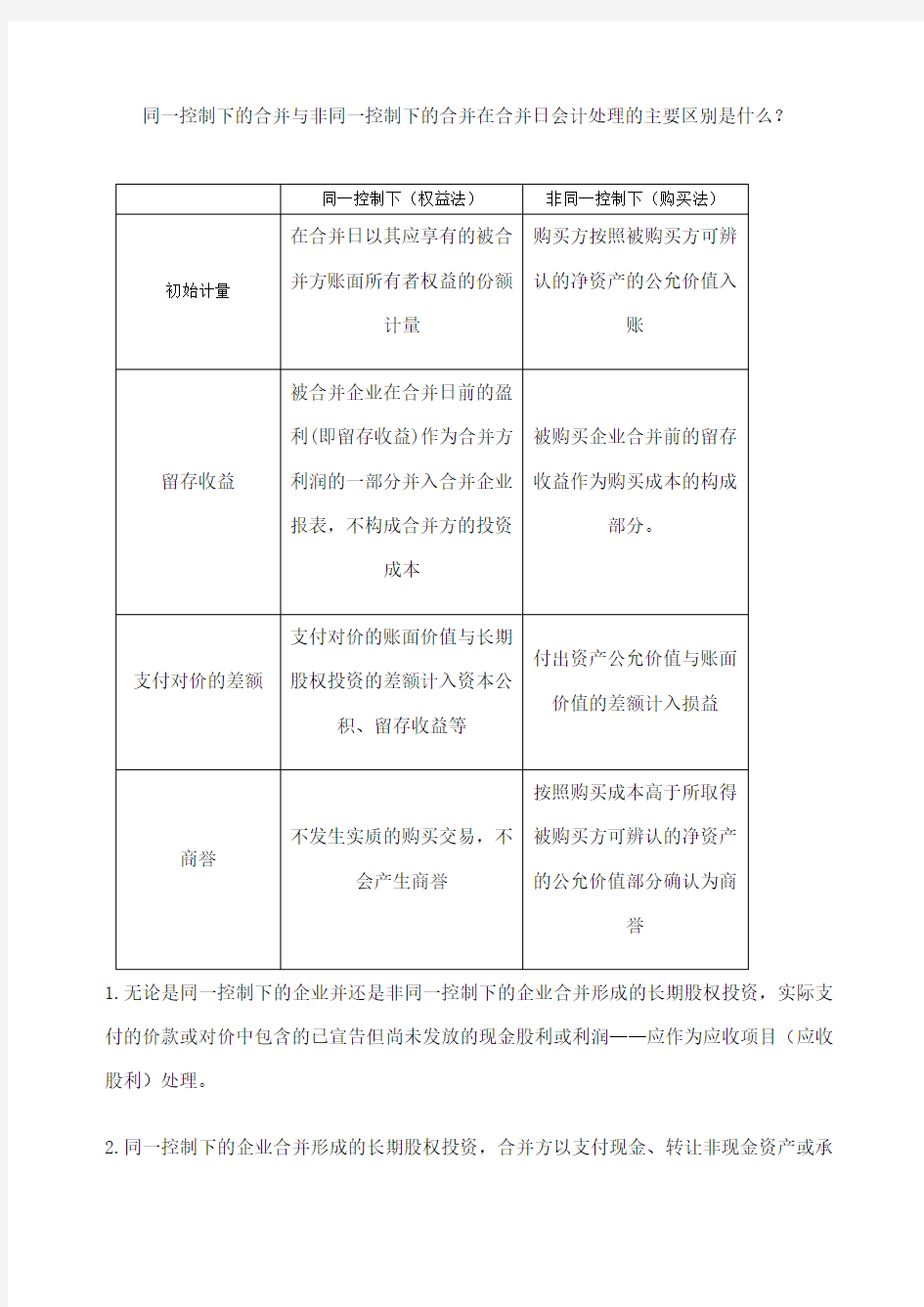 同一控制和非同一控制下合并日会计处理方法区别