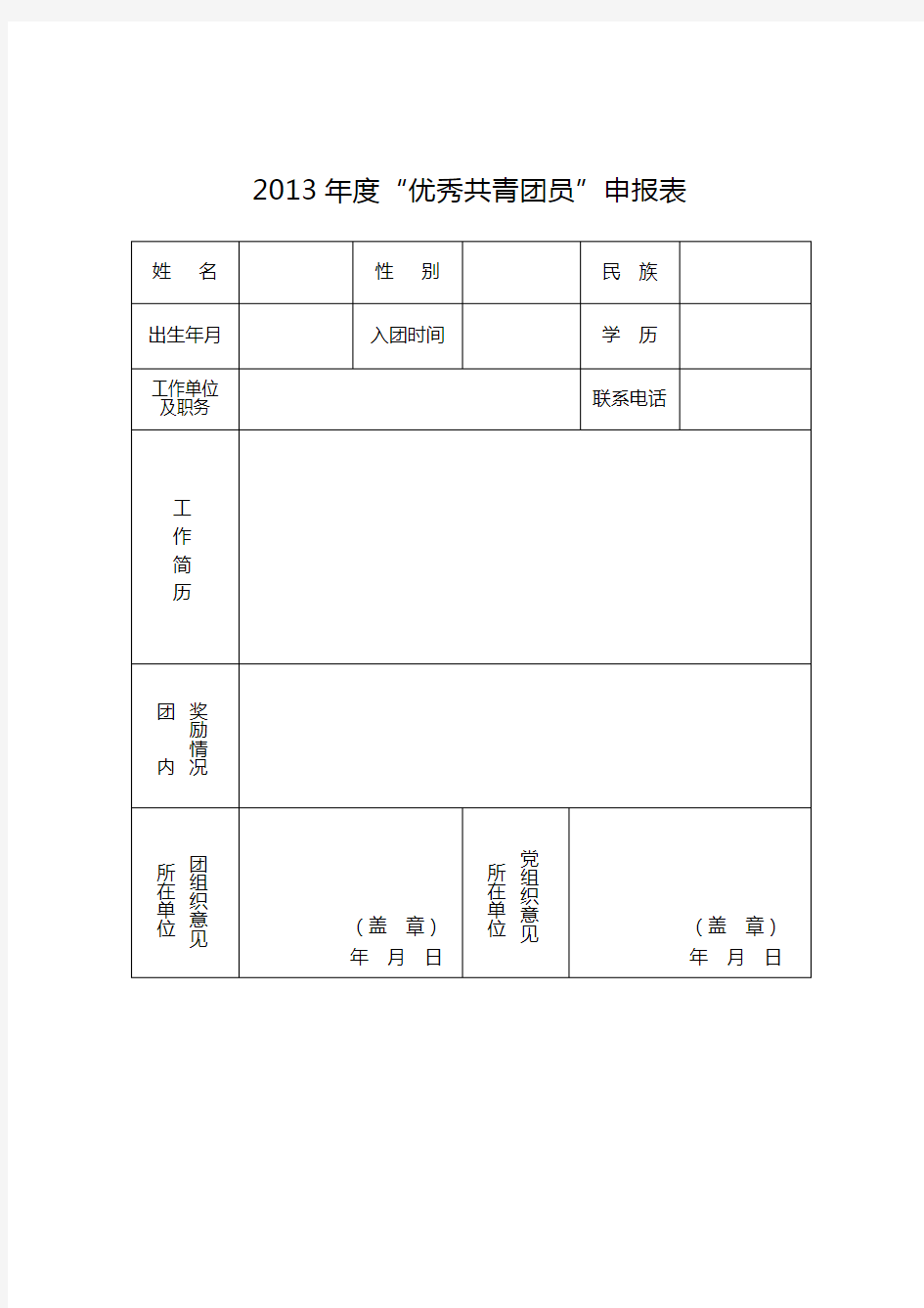 2013年度优秀共青团员申报表【模板】