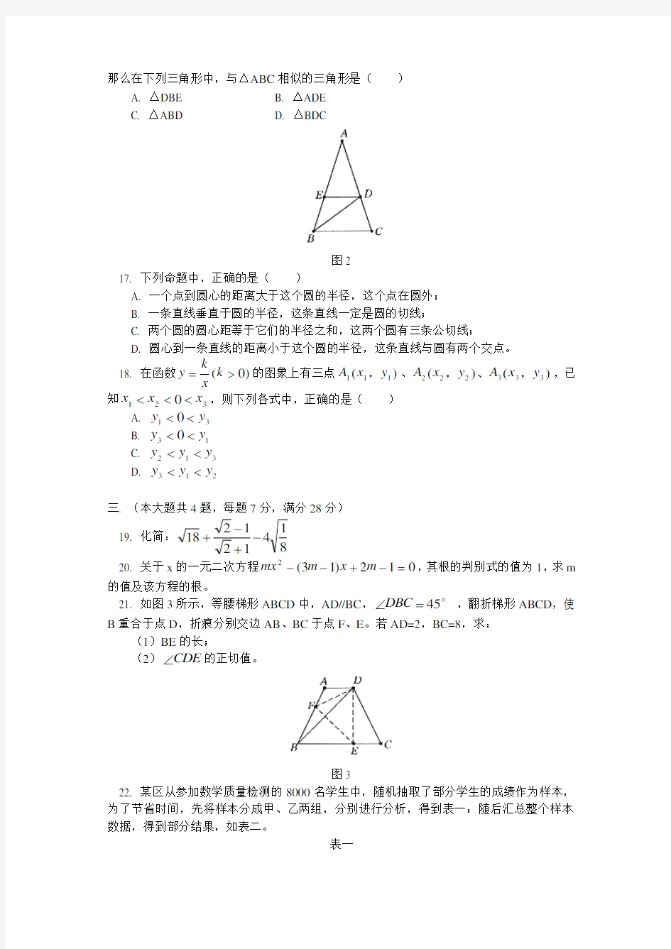 上海市初中数学中考试卷及答案