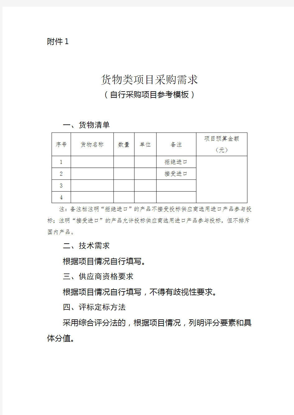 货物类项目采购需求【模板】