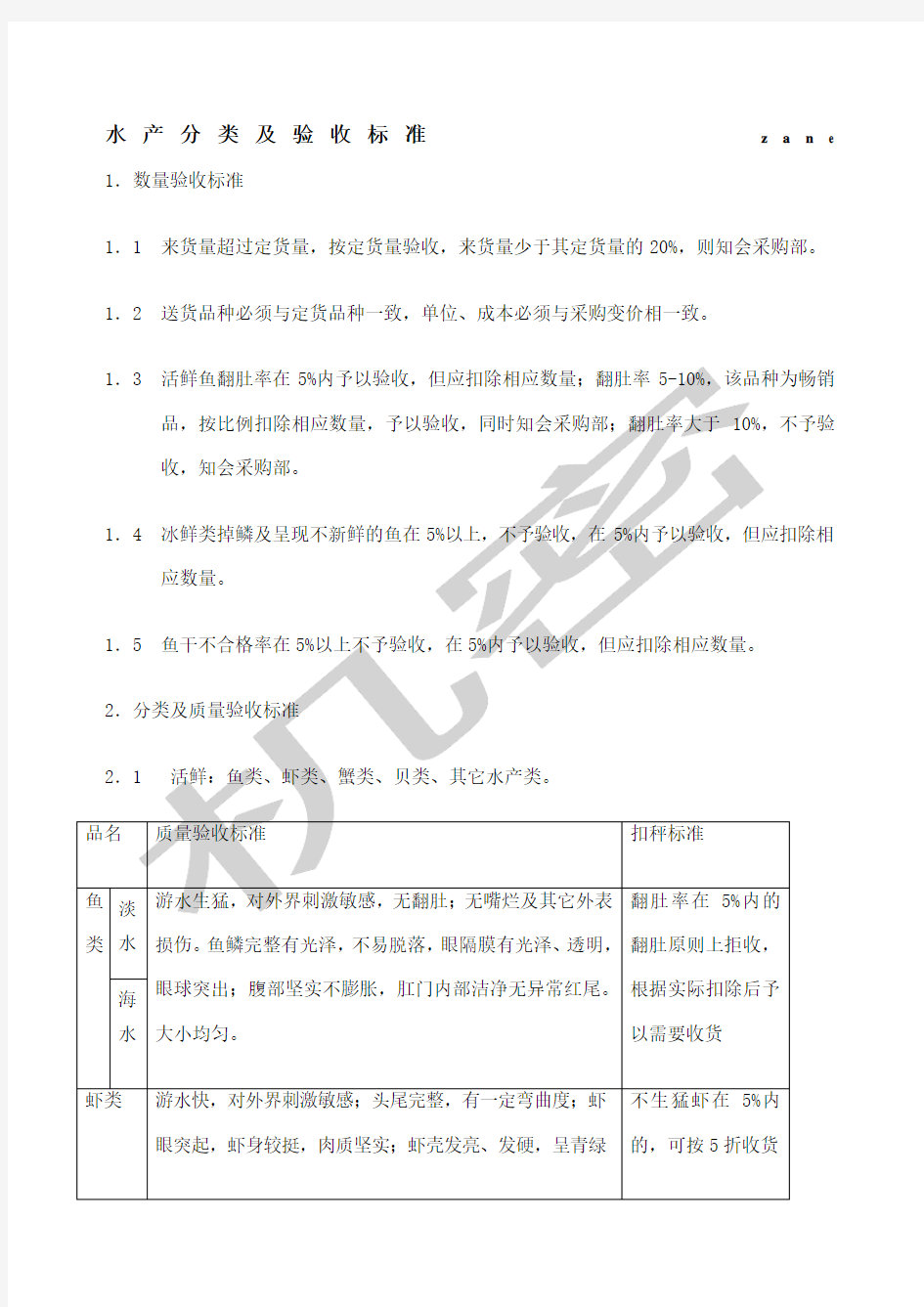 水产分类及验收标准