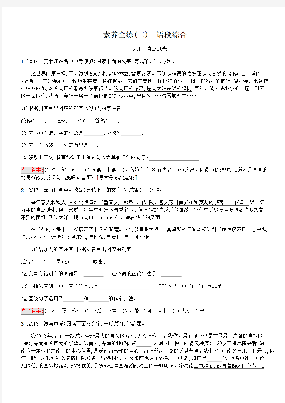 课标通用安徽省2019年中考语文总复习素养全练2语段综合