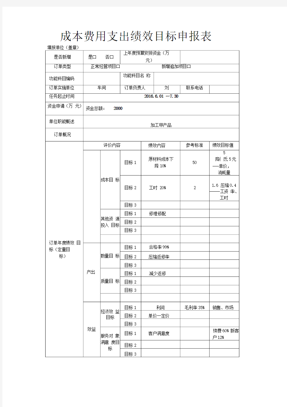 预算项目绩效目标申报表