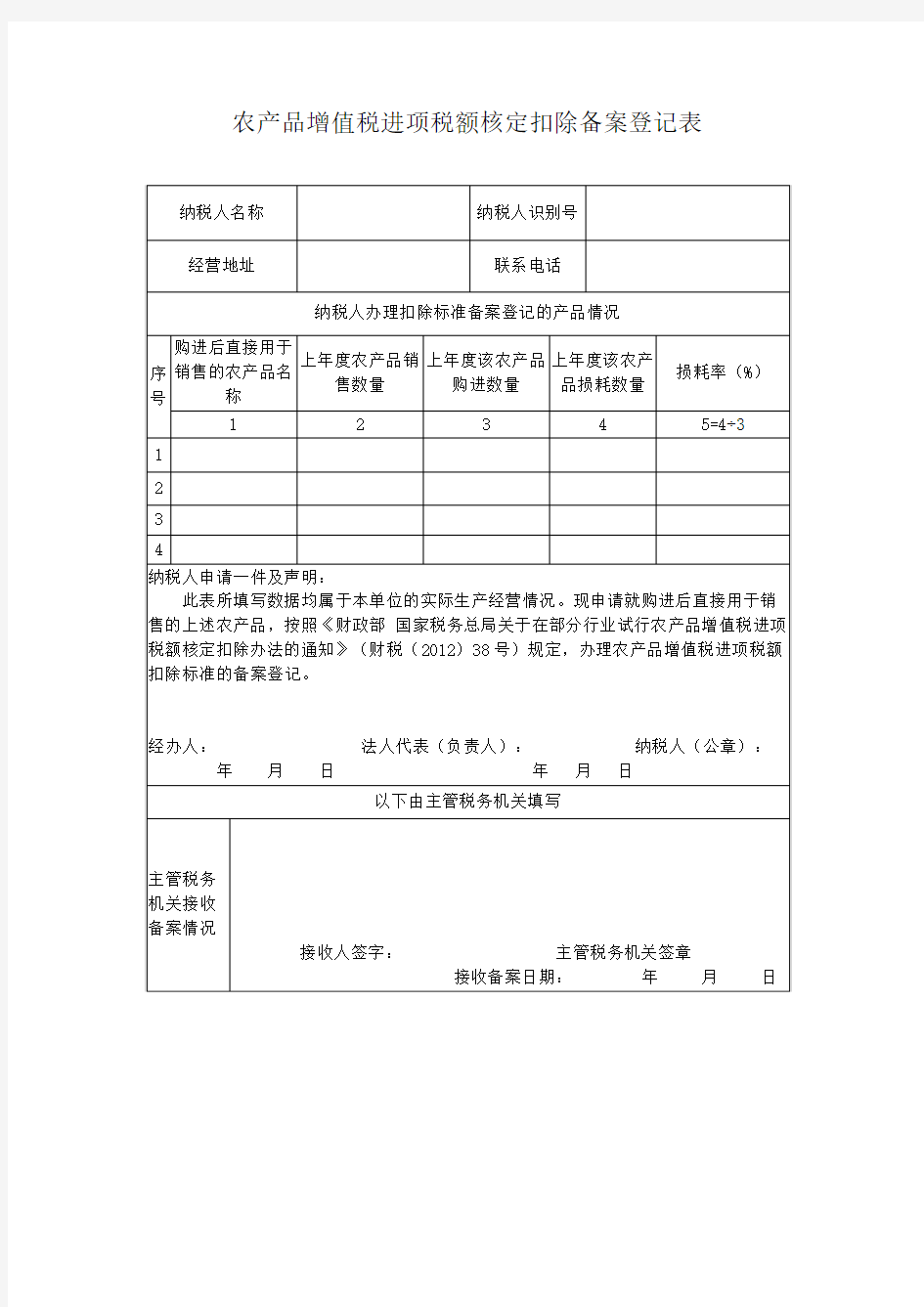 农产品增值税进项税额核定扣除备案登记表