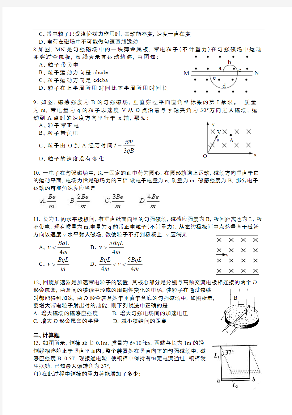 物理磁场练习题集(含答案解析)