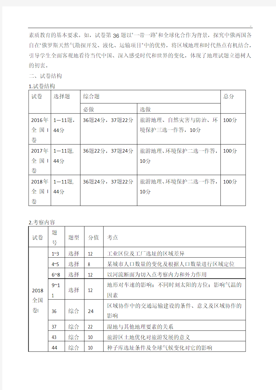 2018年度高考地理学科试卷分析