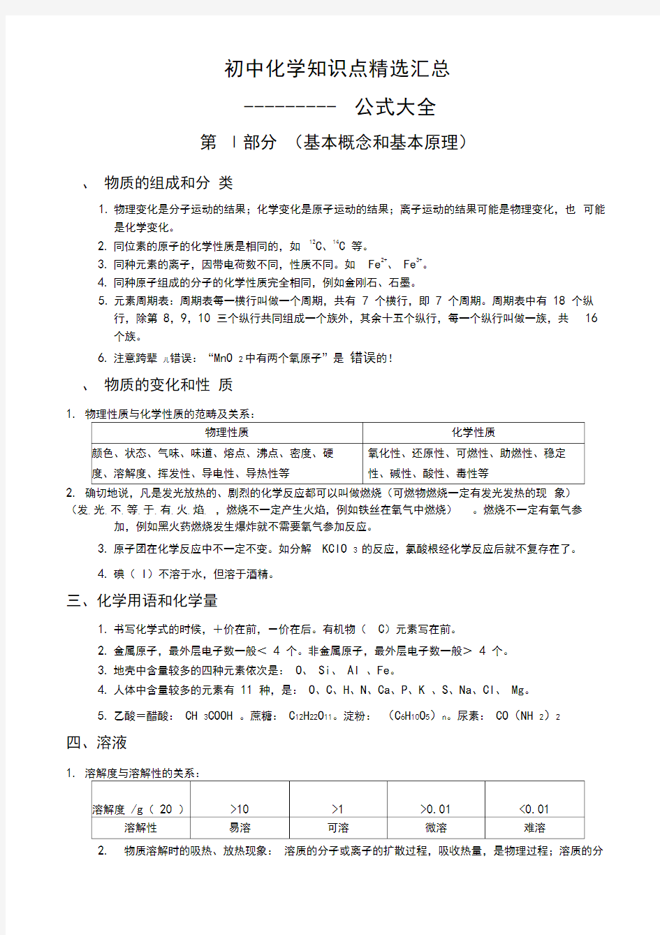 初中化学公式大全--最新版