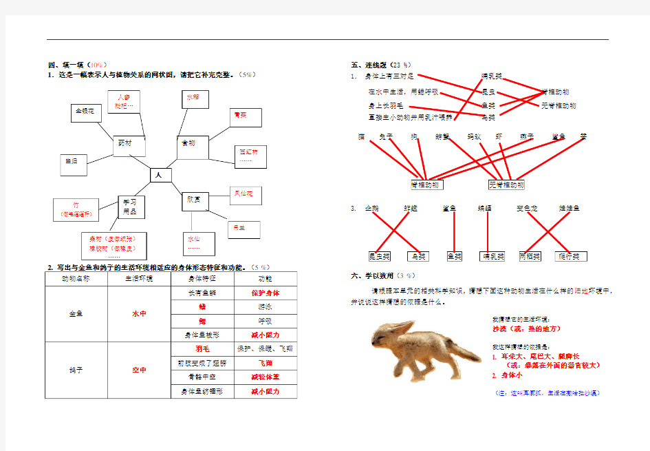 六上科学第四单元练习题答案