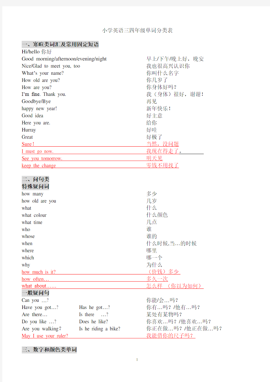 小学英语三四年级单词表