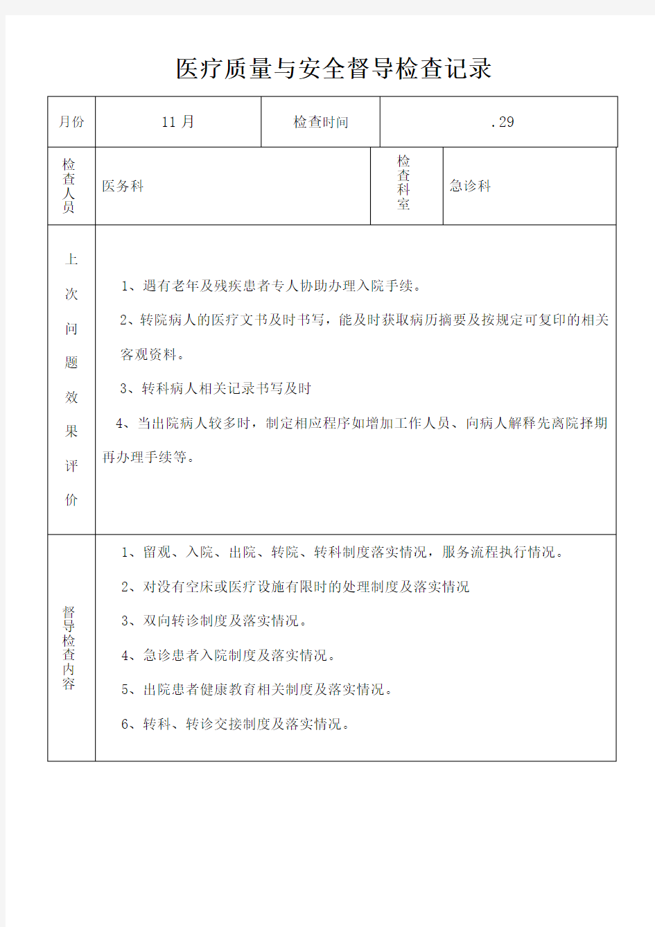 医务科专项督导检查反馈记录