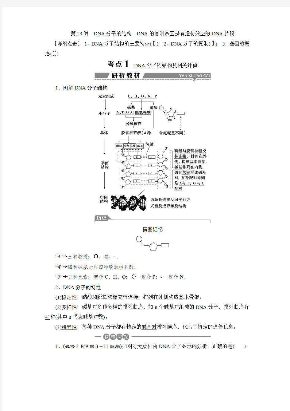 2018届高考生物一轮复习 第六单元第23讲DNA分子的结构DNA的复制基因是有遗传效应的DNA片段